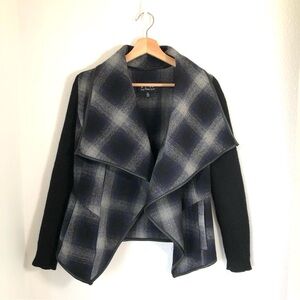 Boy Meets Girl Wool Blend Plaid Wrap Jacket Women’s M with Leather Trim 80s Vibe
